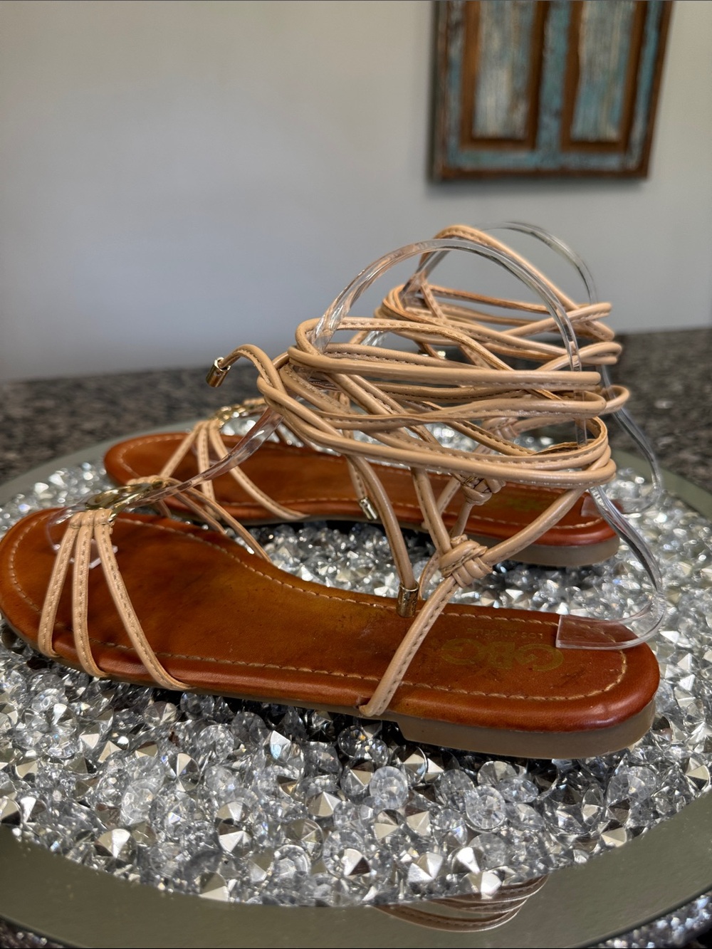 GBG Los Angeles Beige Lace-Up ankle strap Sandals with Gold G Emblem - Picture 5 of 10